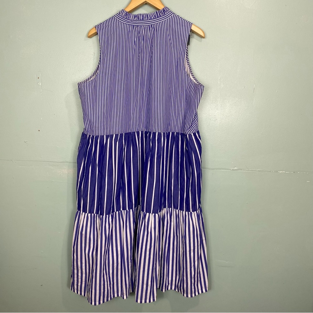 Sleeveless Blue and White Striped Tiered Dress